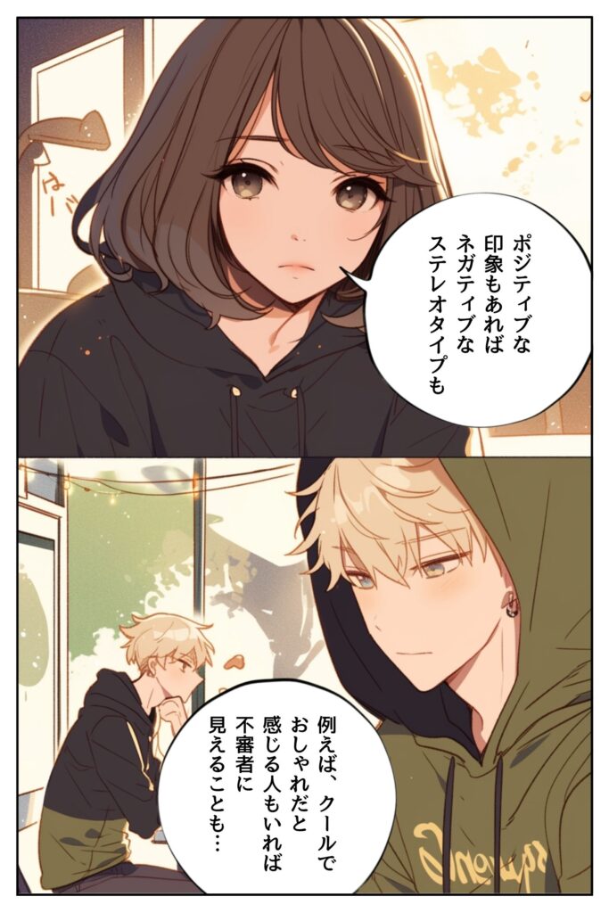 漫画セリフ：ポジティブな印象もあれば、ネガティブなステレオタイプもあります。例えば、クールでおしゃれだと感じる人もいれば、不審者にみえることも・・・