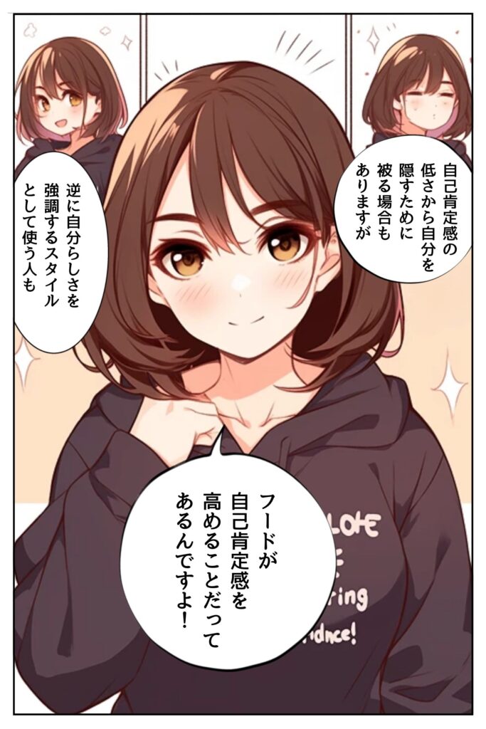 漫画セリフ：自己肯定感の低さから自分を隠すために被る場合もありますが、逆に自分らしさを強調するスタイルとして使う人も。フードが自己肯定感を高めることだってあるんですよ。