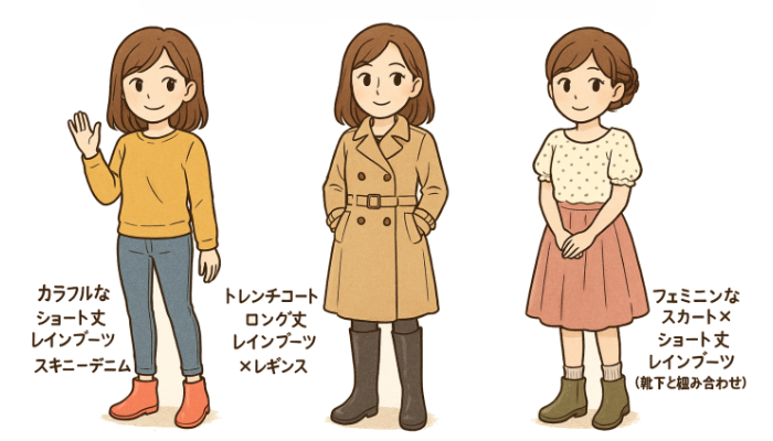 春のレインブーツコーデ：図