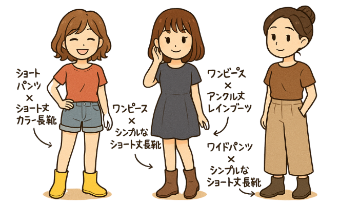 夏のレインブーツコーデ：図