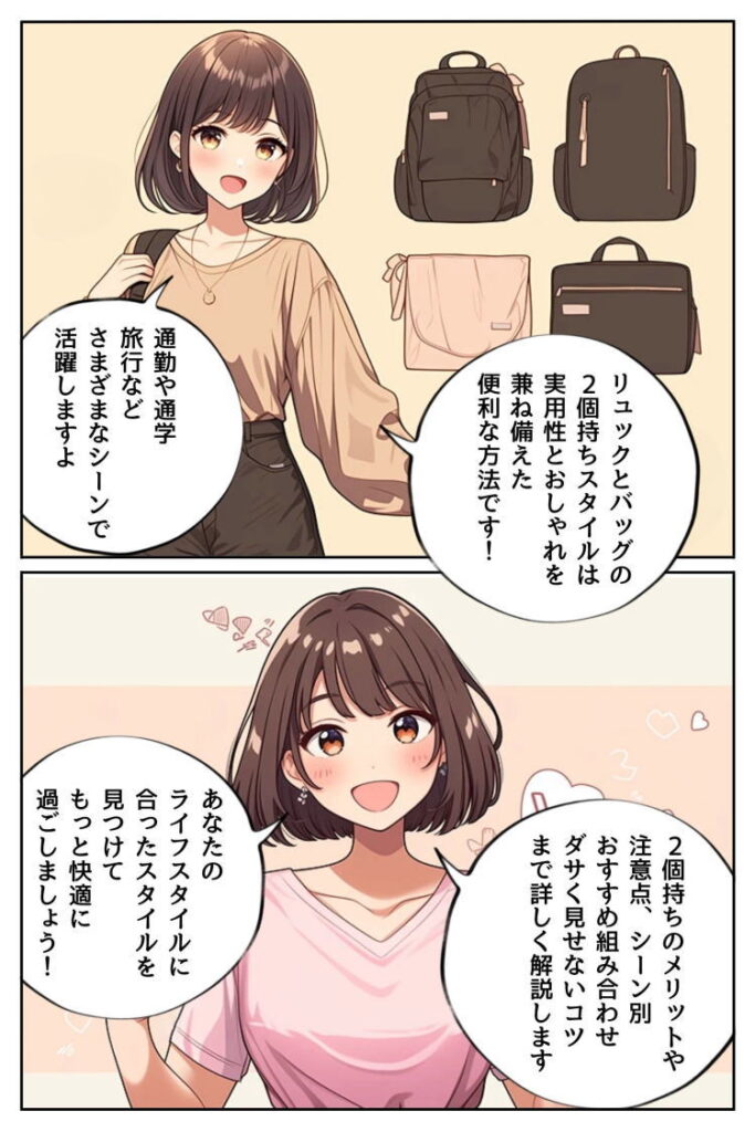 実用性とおしゃれを兼ね備えたこのスタイルは、通勤や通学、子育て、旅行などさまざまなシーンで活躍します。